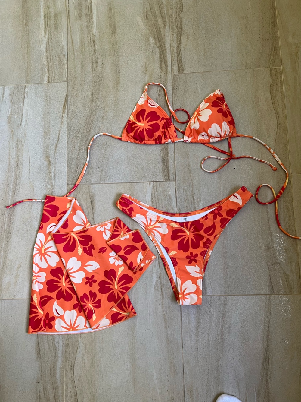 Tropical Floral Orange Color Bikini Set with Coverup